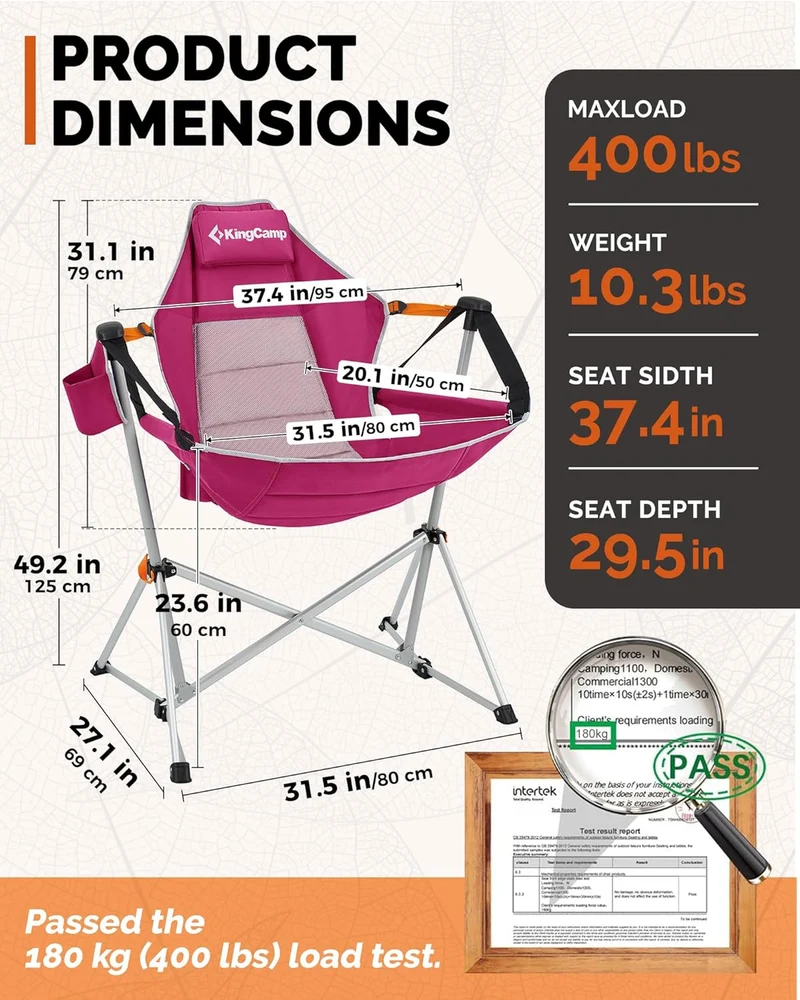 KingCamp Portable Swing Recliner Chair with Pillow ORCHID C10 Hammock Camping Chair