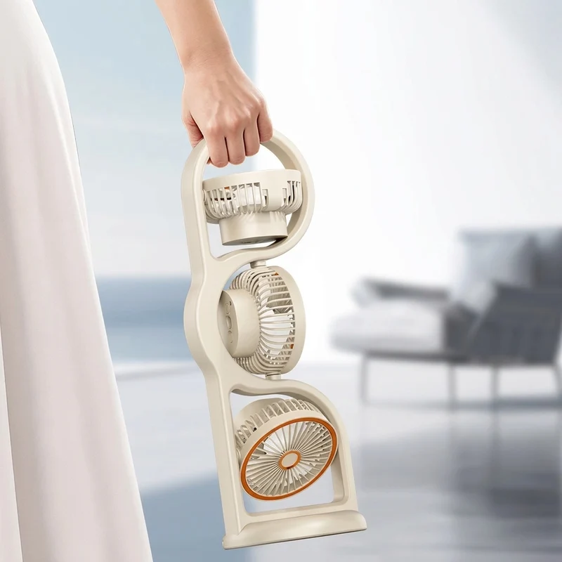 Tragbarer Dreikopf-Ventilator, USB-Aufladbar, 5 Geschwindigkeiten