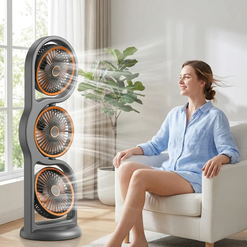 Tragbarer Dreikopf-Ventilator, USB-Aufladbar, 5 Geschwindigkeiten