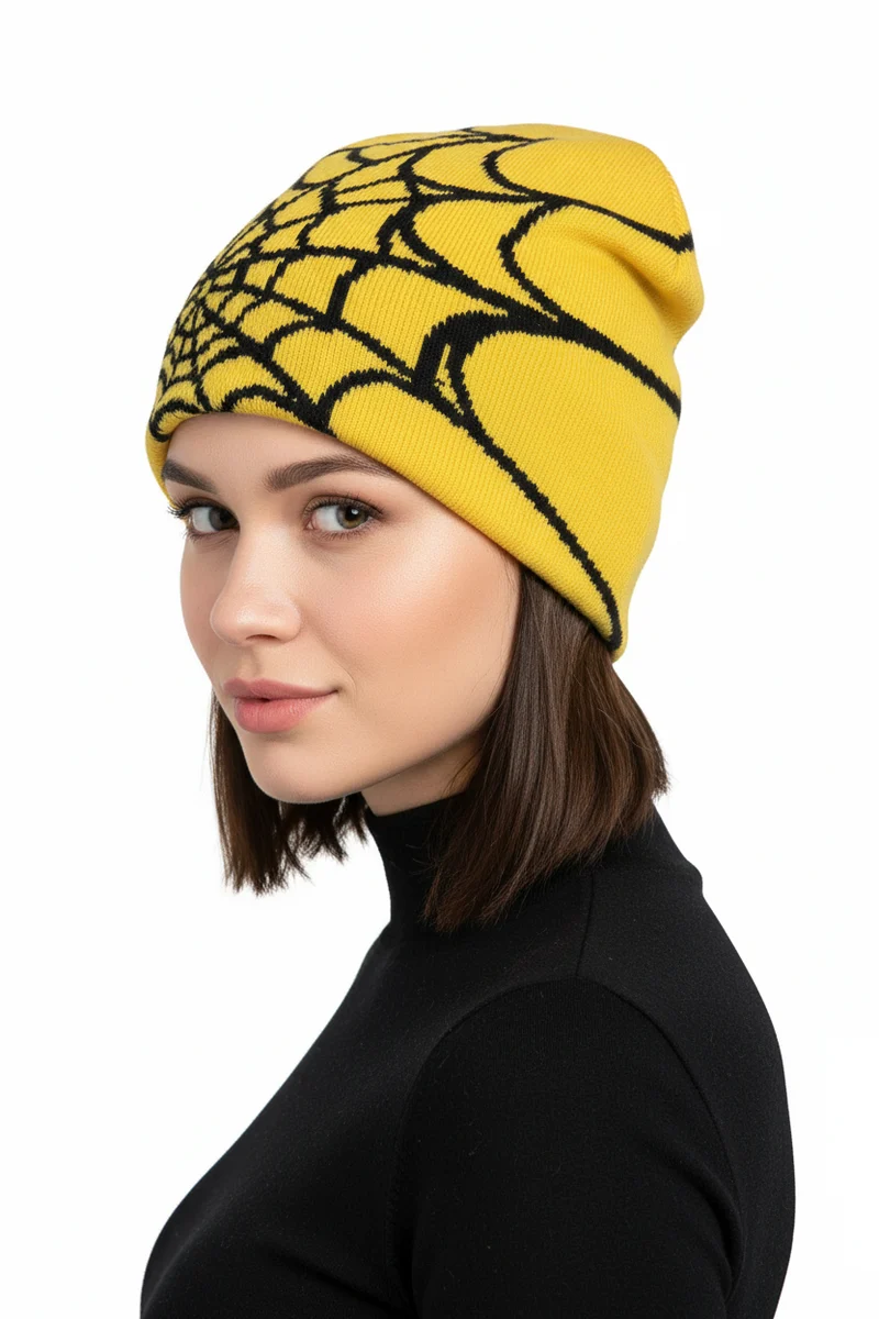 Warme Strickmütze mit Spinnennetz-Print für Damen & Herren