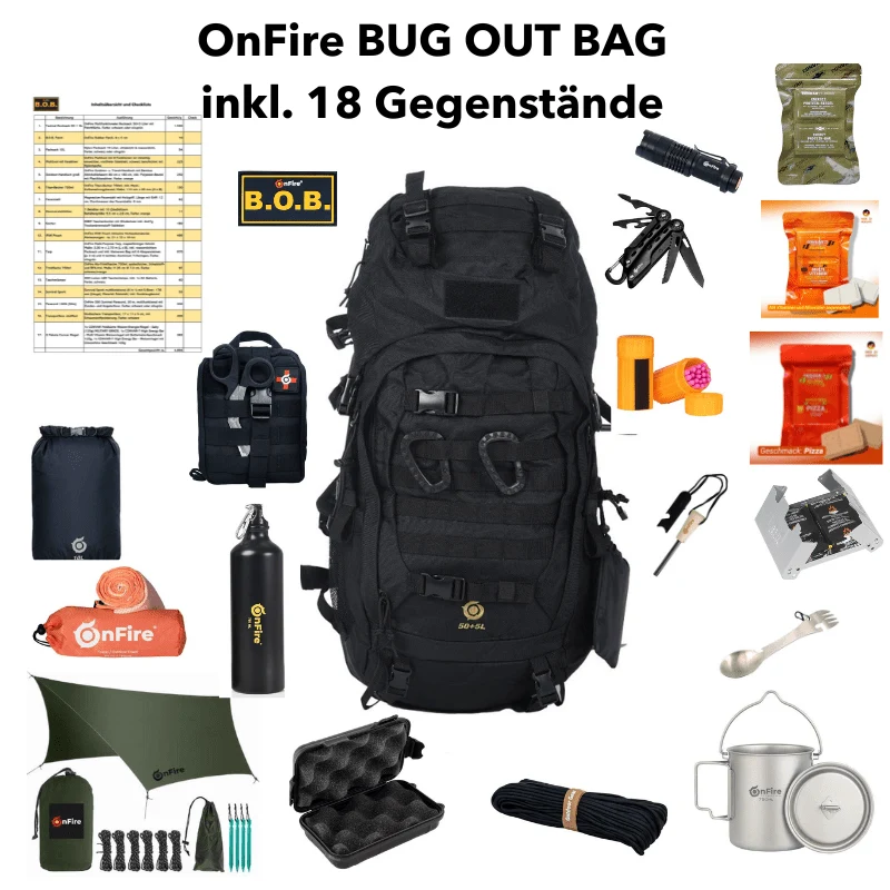 Bug Out Bag (BOB) Flucht-Rucksack 50+5L inkl. Marken-Notfallausrüstung
