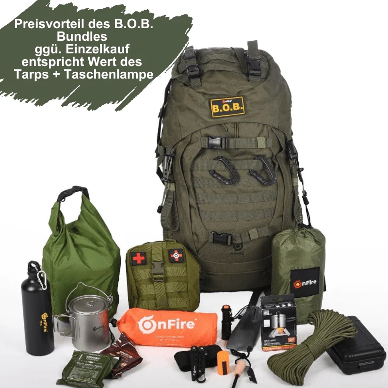 Bug Out Bag (BOB) Flucht-Rucksack 50+5L inkl. Marken-Notfallausrüstung