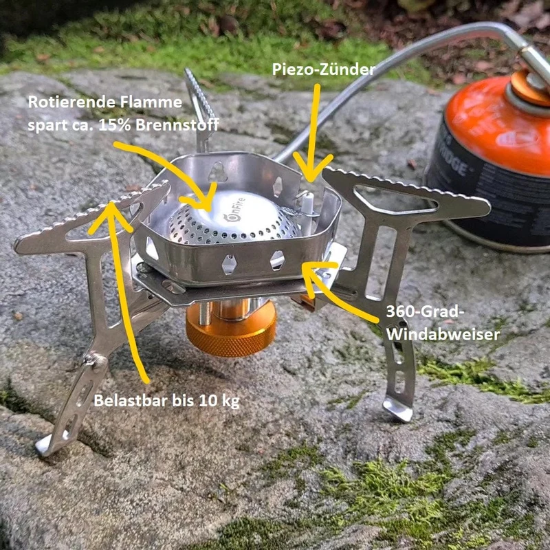 Leichter, faltbarer Gaskocher mit Windschutz und Piezozündung 3500 Watt