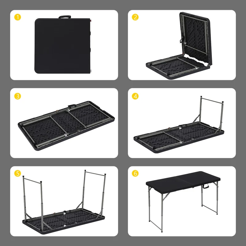 SUGIFT 4ft Folding Table, Adjustable Height Camping Table Office Table for Indoor/Outdoor Picnic Camping Bench, Black