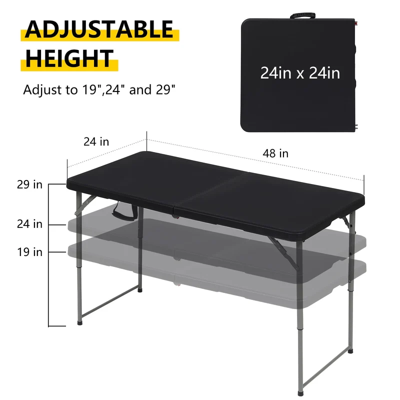SUGIFT 4ft Folding Table, Adjustable Height Camping Table Office Table for Indoor/Outdoor Picnic Camping Bench, Black