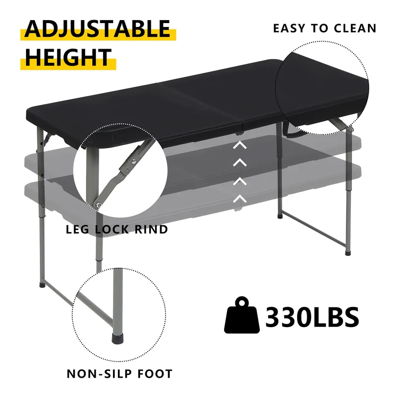 SUGIFT 4ft Folding Table, Adjustable Height Camping Table Office Table for Indoor/Outdoor Picnic Camping Bench, Black