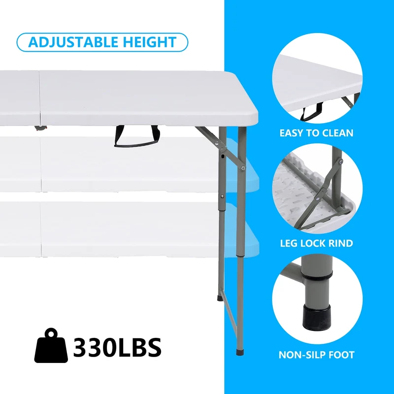 SUGIFT 4ft Folding Table, Adjustable Height Camping Table Office Table for Indoor/Outdoor Picnic Camping Bench,White