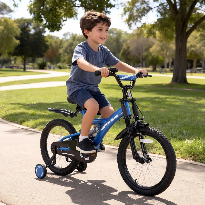 SUGIFT 18 Inch Kids Bike for Boys Girls Ages 6-9, Training Wheels, Handbrake and Bell, Blue