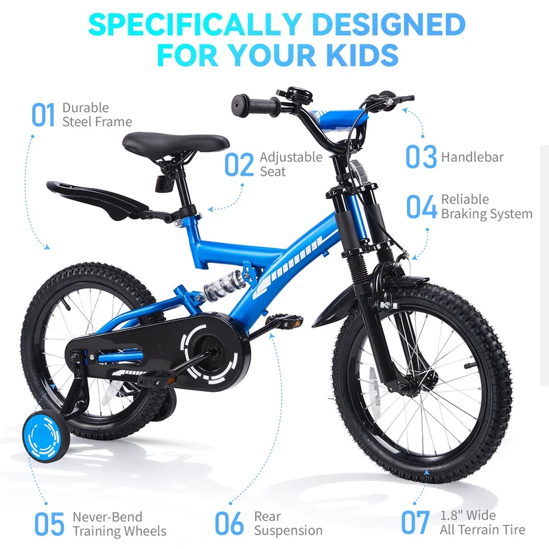 SUGIFT 18 Inch Kids Bike for Boys Girls Ages 6-9, Training Wheels, Handbrake and Bell, Blue