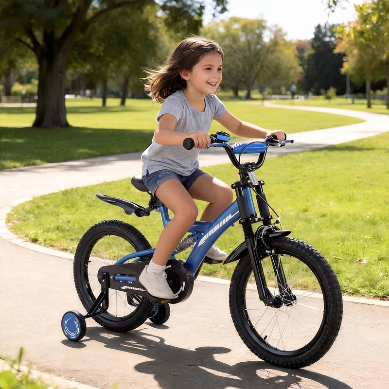 SUGIFT 18 Inch Kids Bike for Boys Girls Ages 6-9, Training Wheels, Handbrake and Bell, Blue