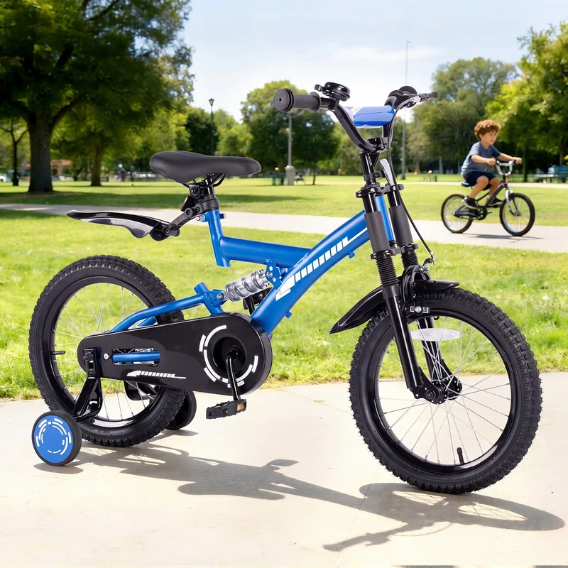 SUGIFT 18 Inch Kids Bike for Boys Girls Ages 6-9, Training Wheels, Handbrake and Bell, Blue
