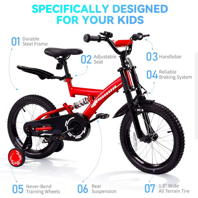 SUGIFT 18 Inch Kids Bike for Boys Girls Ages 6-9, Training Wheels, Handbrake and Bell, Red