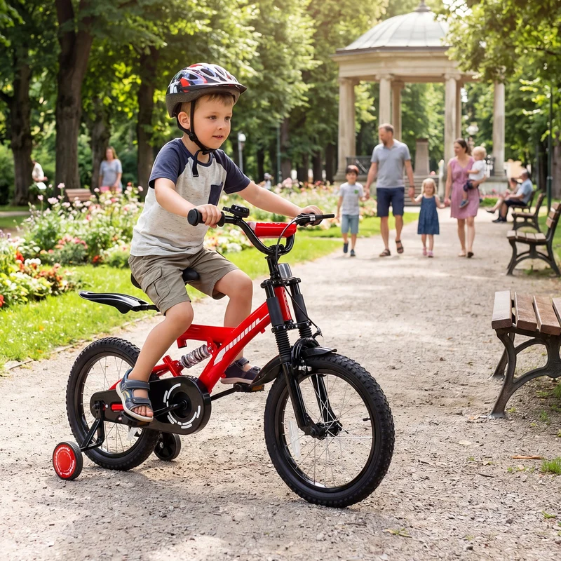 SUGIFT 18 Inch Kids Bike for Boys Girls Ages 6-9, Training Wheels, Handbrake and Bell, Red
