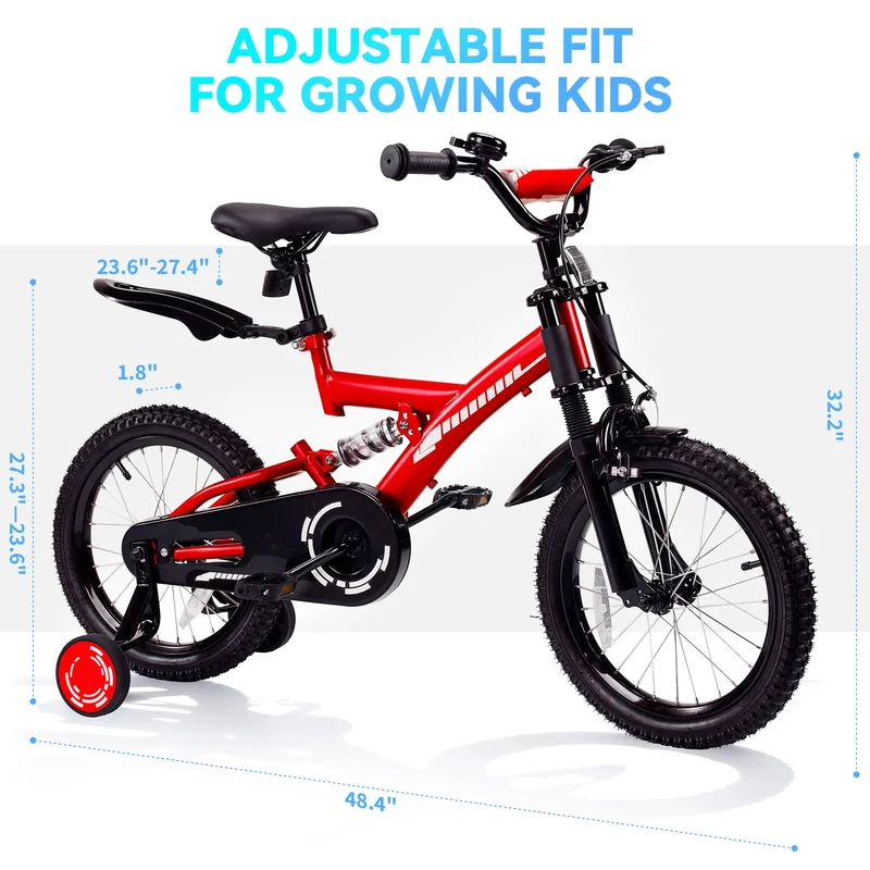 SUGIFT 18 Inch Kids Bike for Boys Girls Ages 6-9, Training Wheels, Handbrake and Bell, Red
