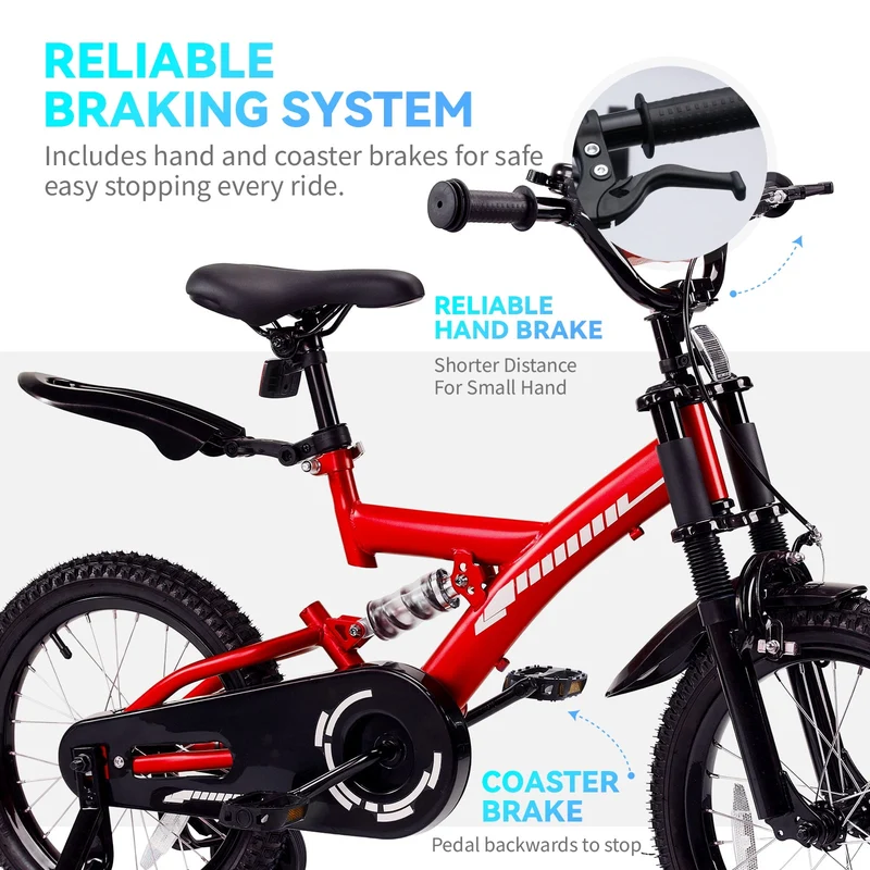 SUGIFT 16 Inch Kids Bike for Boys Girls Ages 4-7, Training Wheels, Handbrake and Bell, Red