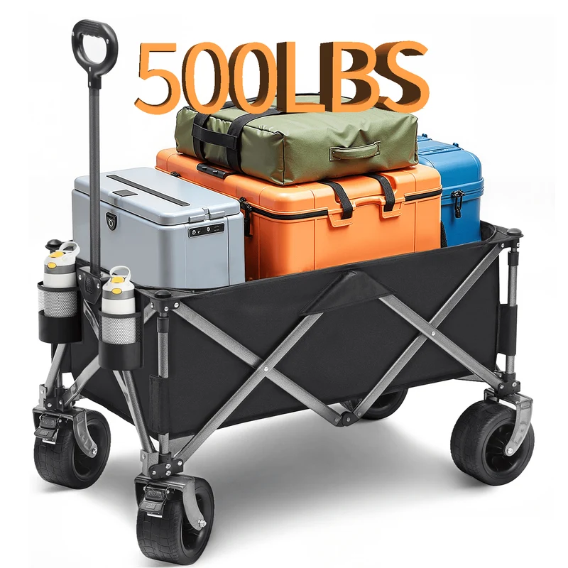 SUGIFT 500lbs Capacity Collapsible Wagon Cart Beach Wagons with Big All-Terrain Wheels 150L Utility Carts for Groceries Camping Black