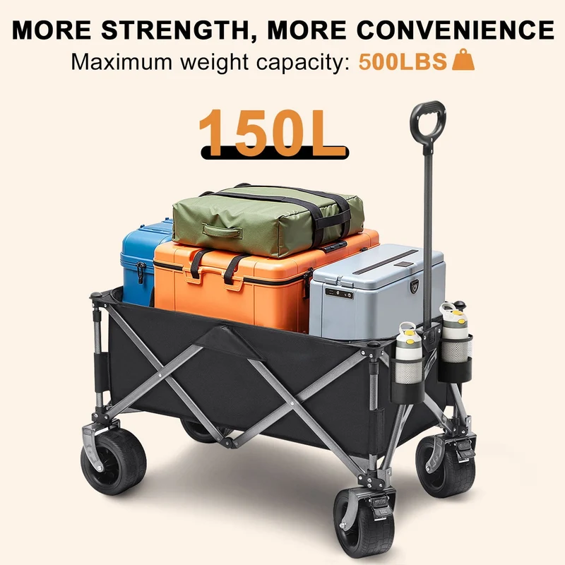 SUGIFT 500lbs Capacity Collapsible Wagon Cart Beach Wagons with Big All-Terrain Wheels 150L Utility Carts for Groceries Camping Black