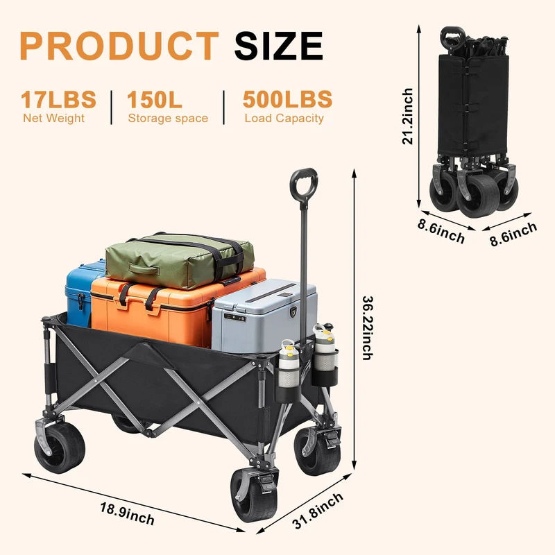 SUGIFT 500lbs Capacity Collapsible Wagon Cart Beach Wagons with Big All-Terrain Wheels 150L Utility Carts for Groceries Camping Black