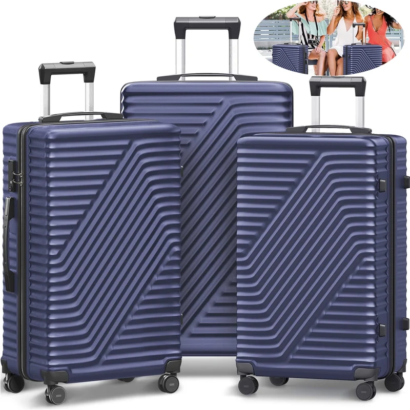SUGIFT 3 Piece Luggage Sets, 20/24/28 inch Suitcase Sets with Spinner Wheels, Hardside Luggage Set, Navy Blue