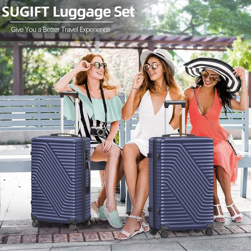 SUGIFT 3 Piece Luggage Sets, 20/24/28 inch Suitcase Sets with Spinner Wheels, Hardside Luggage Set, Navy Blue