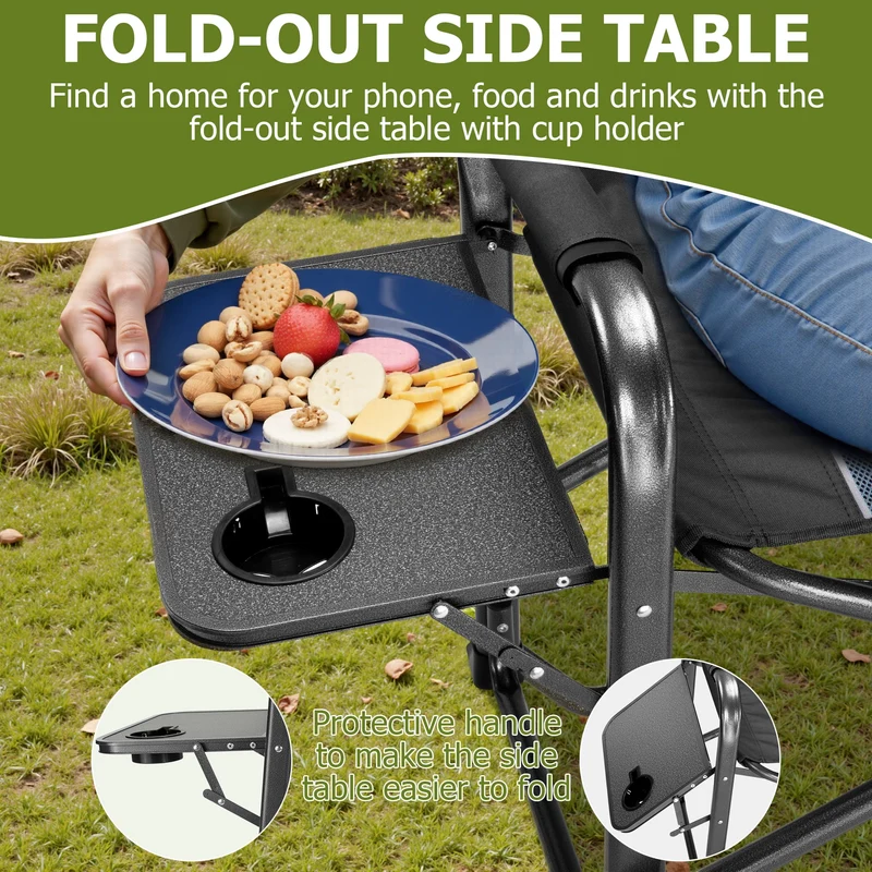 SUGIFT 300lbs Folding Camping Chairs with Cooler Bag Lawn Chairs with Side Table for Outdoor Lawn Sports Fishing Black