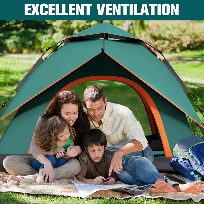 SUGIFT 3-4 Person Instant Pop-Up Camping Tent with Carry Bag Double Layer Waterproof Tents for Beach Traveling Outdoor Green