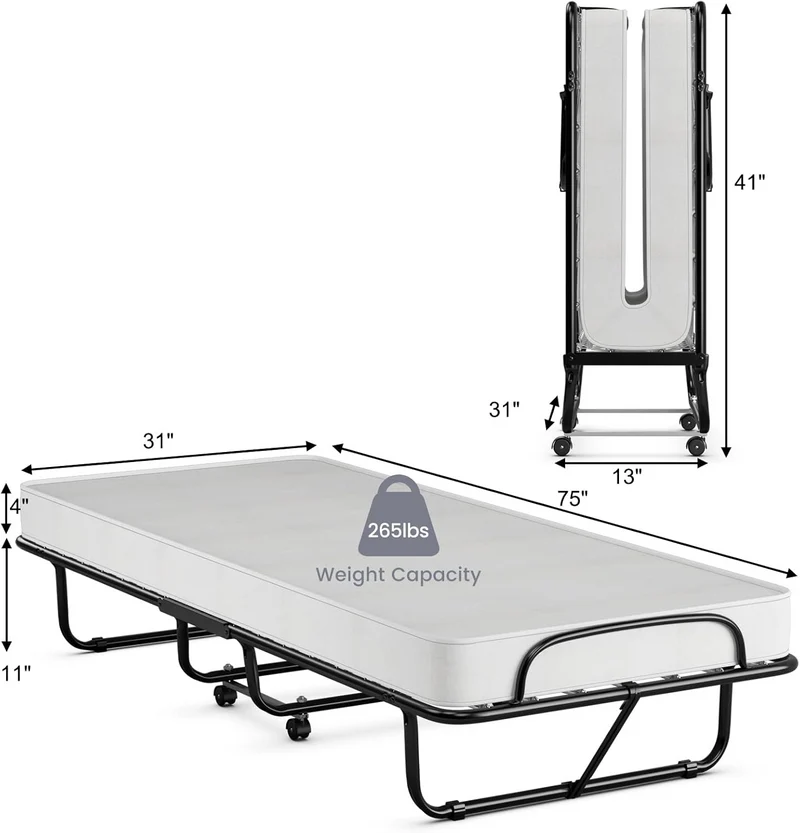 SUGIFT Deluxe Diplomat Folding Bed with Mattress for Adults, Twin Size, Portable Foldable Bed with Luxurious Memory Foam Mattress and Super Strong Frame