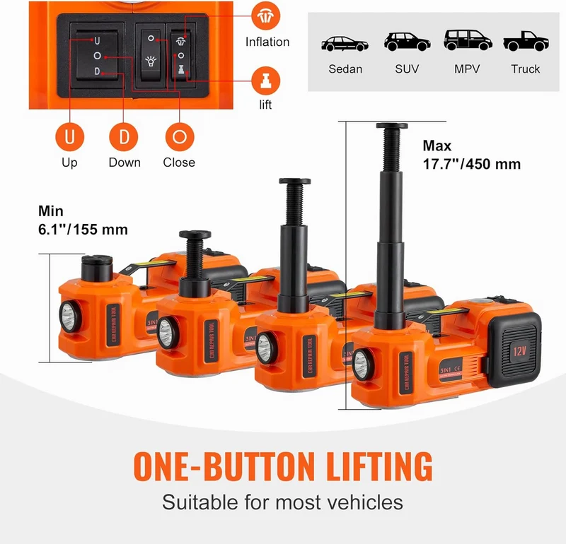 SUGIFT Electric Car Jack, 5 Ton/11023 LBS Hydraulic Jack Lift with Electric Impact Wrench, Built-in Inflatable Pump, and LED Light for SUV MPV Sedan Truck Change Tires Garage Repair