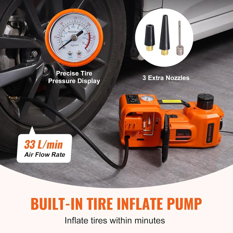 SUGIFT Electric Car Jack, 5 Ton/11023 LBS Hydraulic Jack Lift with Electric Impact Wrench, Built-in Inflatable Pump, and LED Light for SUV MPV Sedan Truck Change Tires Garage Repair