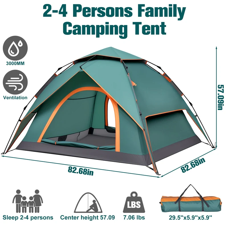 SUGIFT 3-4 Person Instant Pop-Up Camping Tent with Carry Bag Double Layer Waterproof Tents for Beach Traveling Outdoor Green