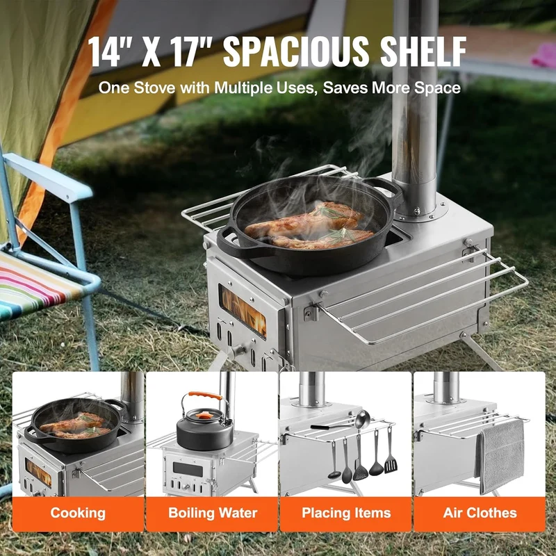 SUGIFT Camping Wood Stove Stainless Steel Camping Tent Stove, Portable Wood Burning Stove with Chimney Pipes & Gloves