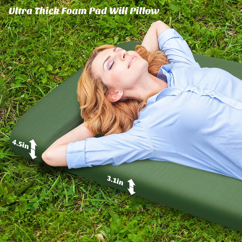 SUGIFT Self Inflating Sleeping Pad 3.2 Thick Memory Foam Camping Pad with Pillow 4-Season Camp Sleeping Mat for Tent Green