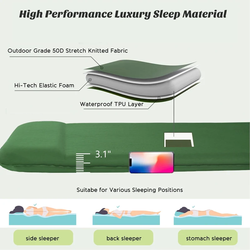 SUGIFT Self Inflating Sleeping Pad 3.2 Thick Memory Foam Camping Pad with Pillow 4-Season Camp Sleeping Mat for Tent Green