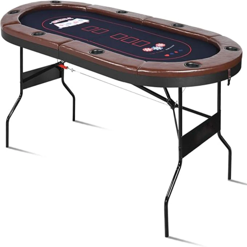 SUGIFT 71in Foldable Poker Table, 8 Player Texas Holdem Table, Folding Leisure Game Table, Portable Casino Table for Game Room (Brown)