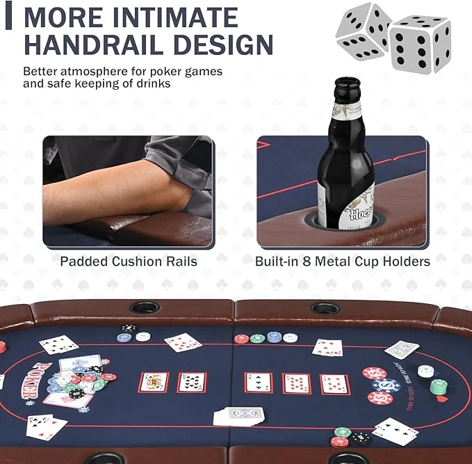 SUGIFT 71in Foldable Poker Table, 8 Player Texas Holdem Table, Folding Leisure Game Table, Portable Casino Table for Game Room (Brown)