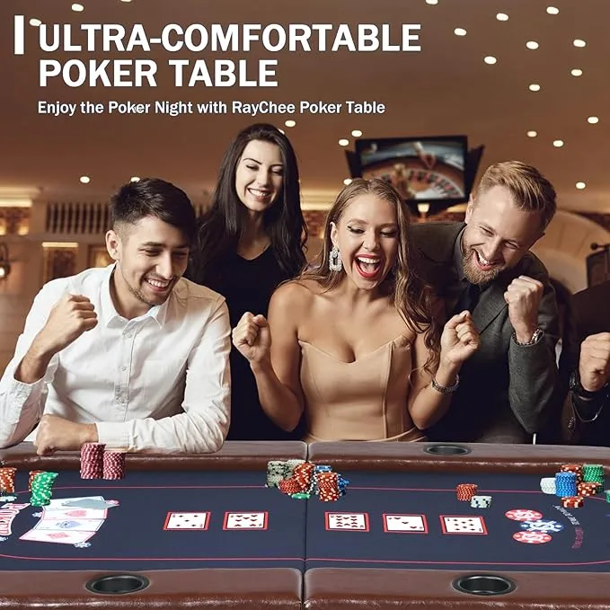 SUGIFT 71in Foldable Poker Table, 8 Player Texas Holdem Table, Folding Leisure Game Table, Portable Casino Table for Game Room (Brown)