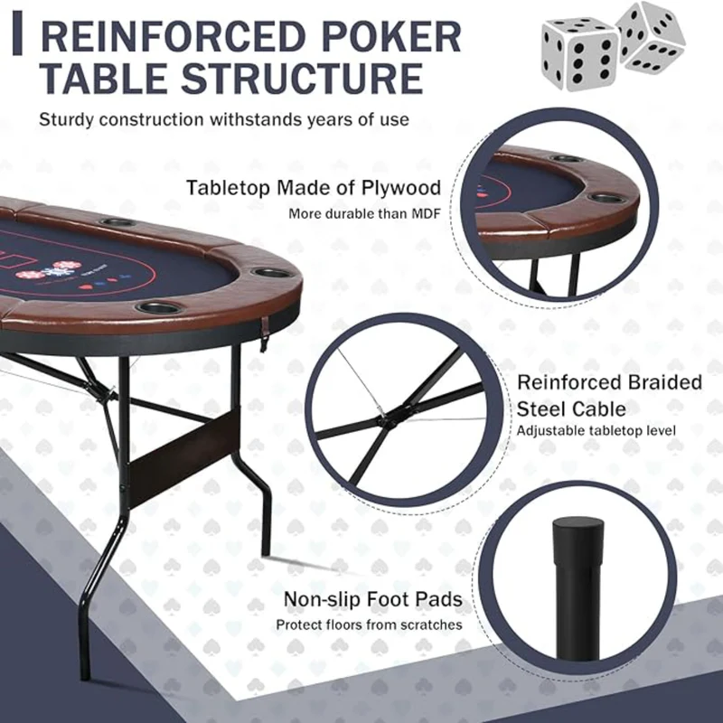 SUGIFT 71in Foldable Poker Table, 8 Player Texas Holdem Table, Folding Leisure Game Table, Portable Casino Table for Game Room (Brown)