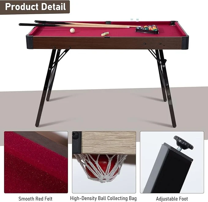 SUGIFT 48in Folding Pool Table, Portable Billiard Game Tables for Family Game Room Red