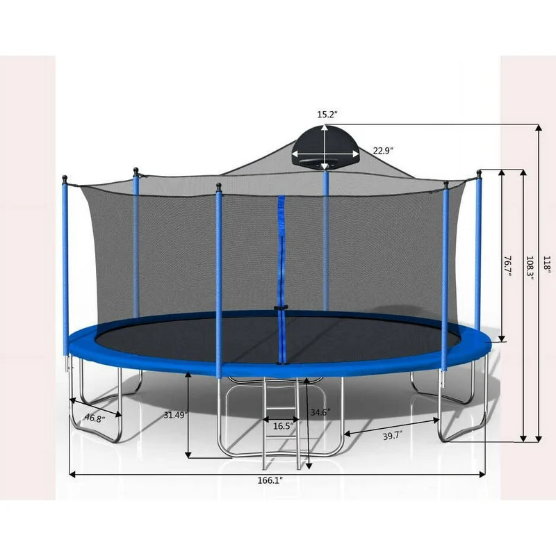 SUGIFT 10FT Blue Trampoline with Basketball Hoop, Stainless Steel Outdoor Trampolines