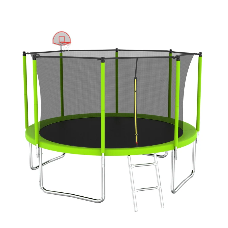 SUGIFT 12FT Trampoline Green for Kids & Adults with Basketball Hoop and Ball ,Recreational Trampolines with Safety Enclosure