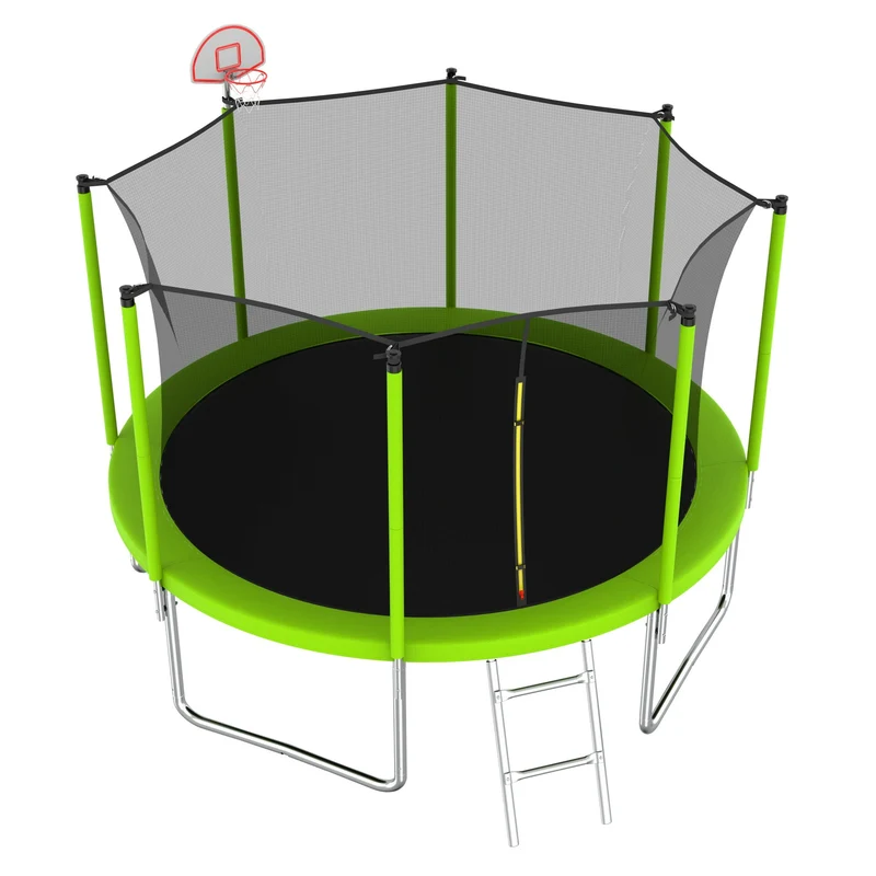 SUGIFT 12FT Trampoline Green for Kids & Adults with Basketball Hoop and Ball ,Recreational Trampolines with Safety Enclosure