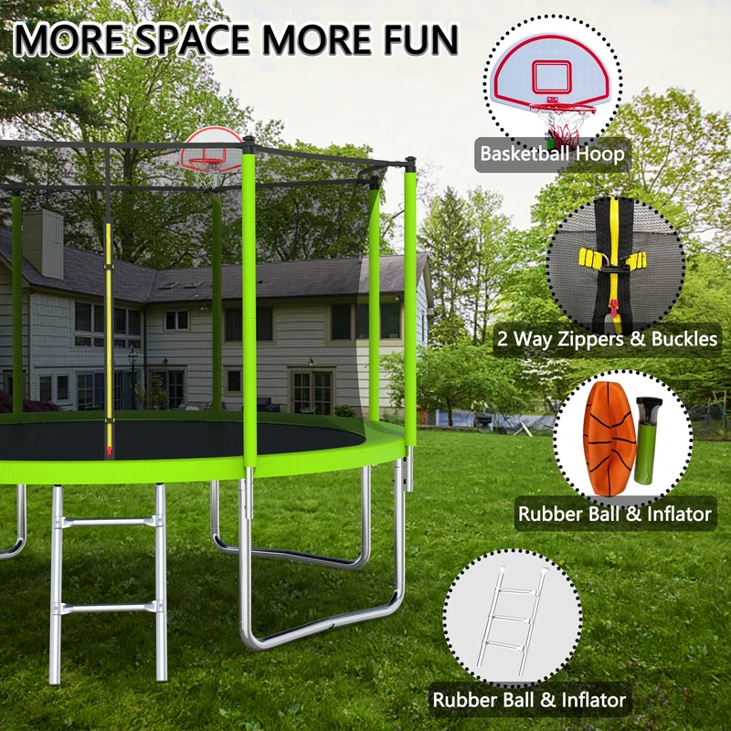 SUGIFT 12FT Trampoline Green for Kids & Adults with Basketball Hoop and Ball ,Recreational Trampolines with Safety Enclosure