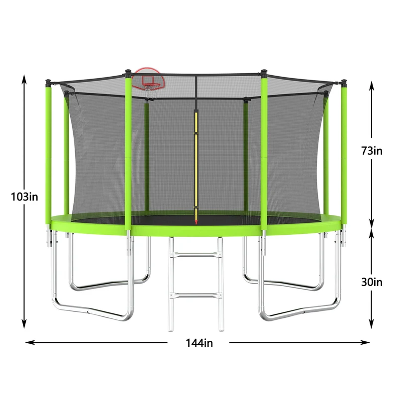 SUGIFT 12FT Trampoline Green for Kids & Adults with Basketball Hoop and Ball ,Recreational Trampolines with Safety Enclosure