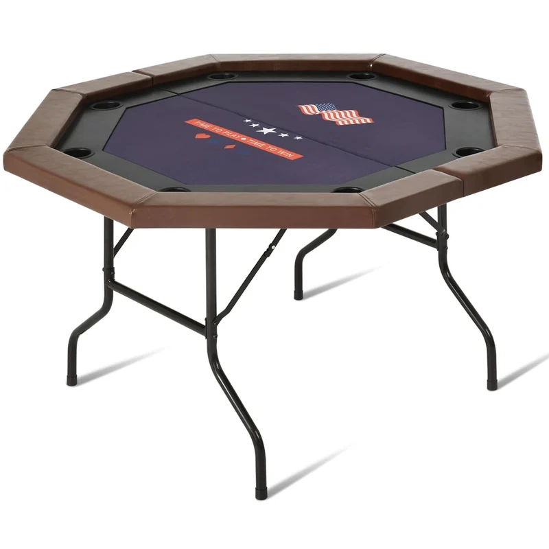 SUGIFT 8 Players Poker Table Foldable 50inch Upgraded Folding Octagon Casion Table Portable Texas Holedem Table w/Stainless Steel Cup Holders Water-Resistant Cushioned Rail 50inch Brown