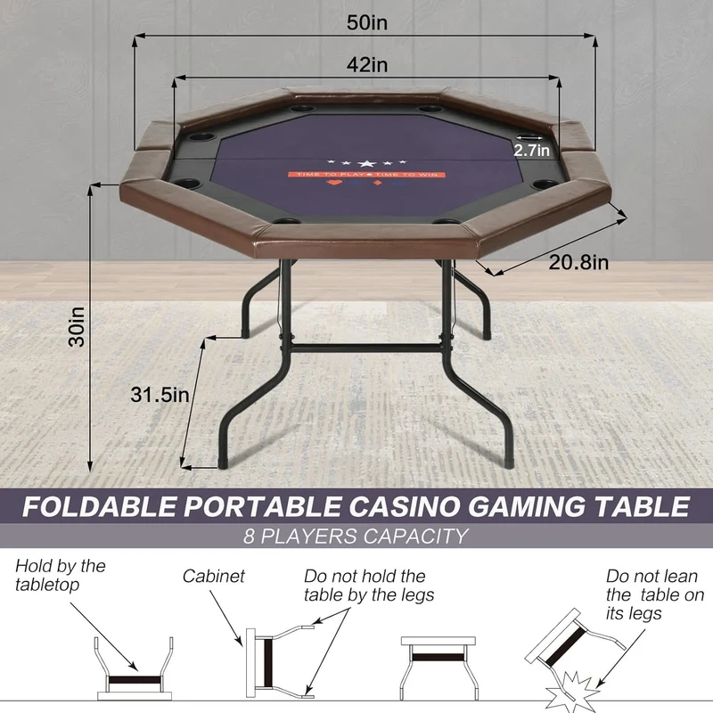 SUGIFT 8 Players Poker Table Foldable 50inch Upgraded Folding Octagon Casion Table Portable Texas Holedem Table w/Stainless Steel Cup Holders Water-Resistant Cushioned Rail 50inch Brown