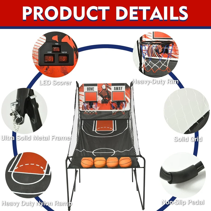SUGIFT Foldable Basketball Arcade Game Indoor Basketball Hoop Arcade Balls and LED Scoring System Electronic Dual Shot 2 Player Arcade Basketball Game for Home Game Room Black