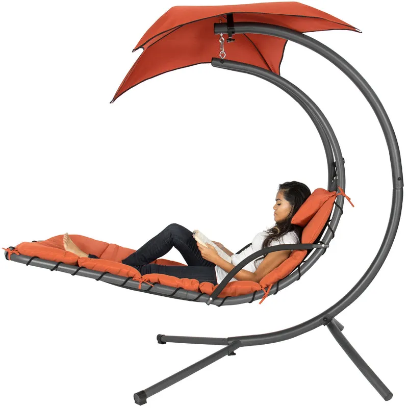 SUGIFT Hanging Curved Chaise Lounge Chair Swing for Backyard, Patio w/ Pillow, Canopy, Stand - Orange
