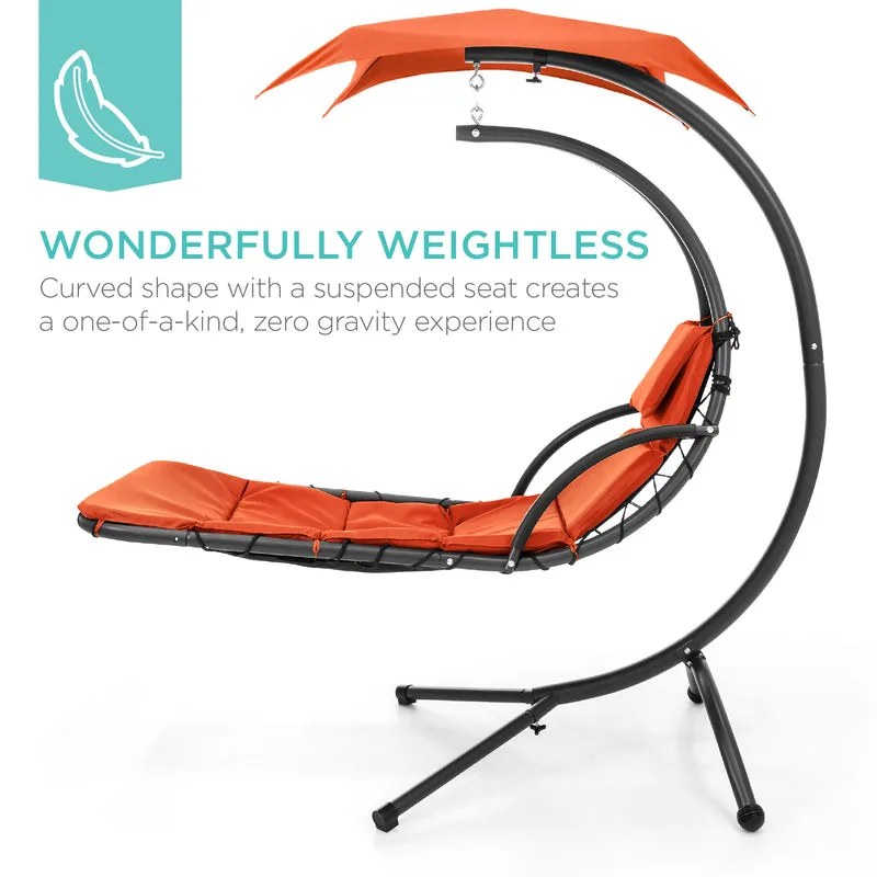 SUGIFT Hanging Curved Chaise Lounge Chair Swing for Backyard, Patio w/ Pillow, Canopy, Stand - Orange