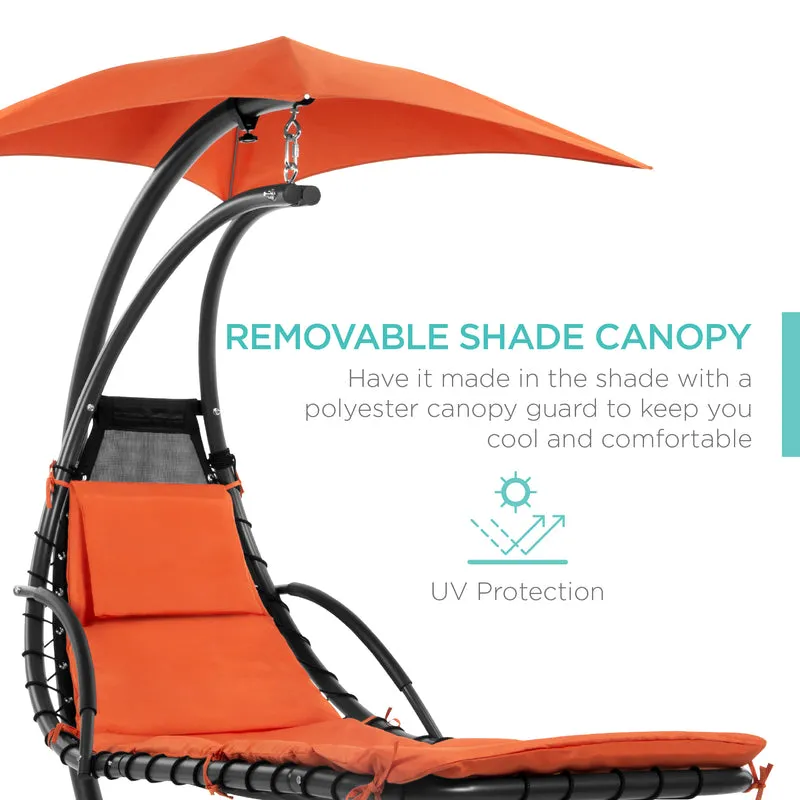 SUGIFT Hanging Curved Chaise Lounge Chair Swing for Backyard, Patio w/ Pillow, Canopy, Stand - Orange