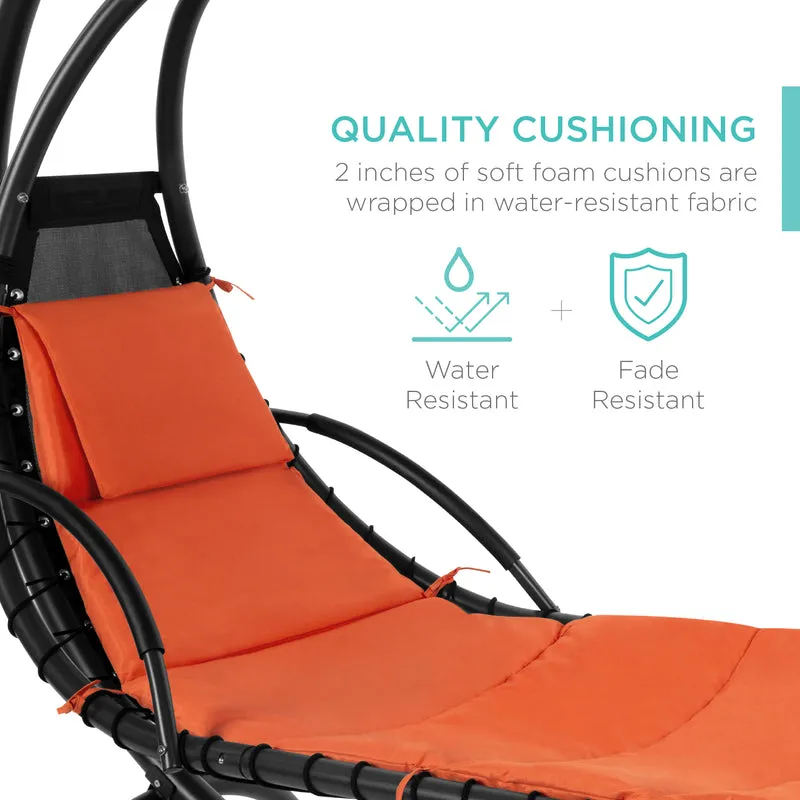 SUGIFT Hanging Curved Chaise Lounge Chair Swing for Backyard, Patio w/ Pillow, Canopy, Stand - Orange